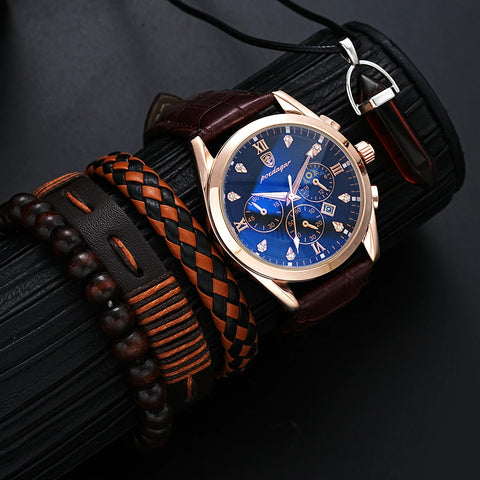 Kit 5 Peças Masculino Relógio Poedgar Original + Pulseiras em Couro.