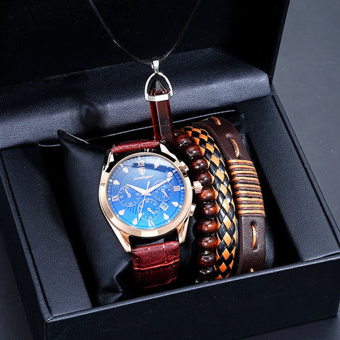 Kit 5 Peças Masculino Relógio Poedgar Original + Pulseiras em Couro.